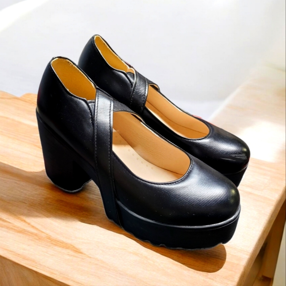 Black Strap Gothcore Edgy Punk Heels Platform Chunky Bold Dark Fashion